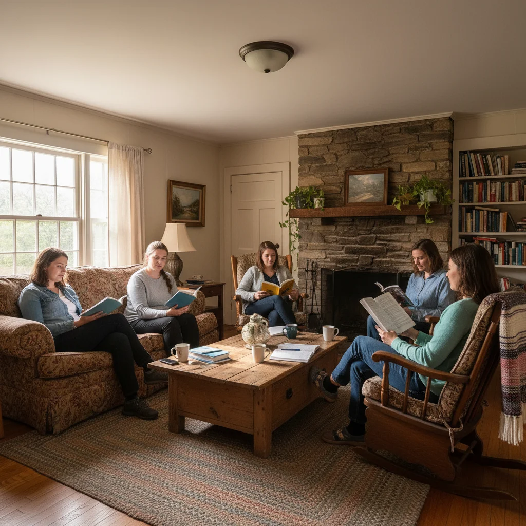 Book club meeting in the parlor