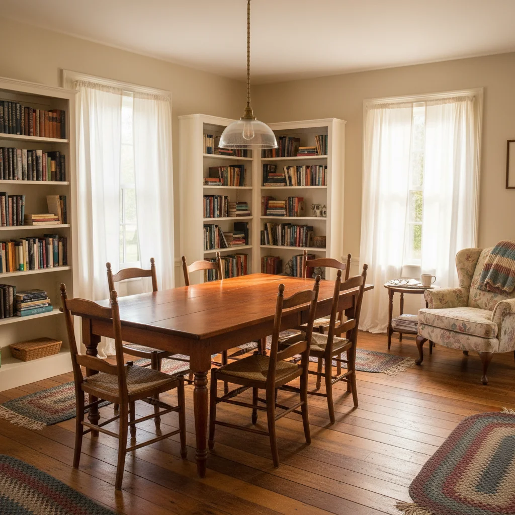 The Library Room - cozy gathering space with bookshelves and fireplace