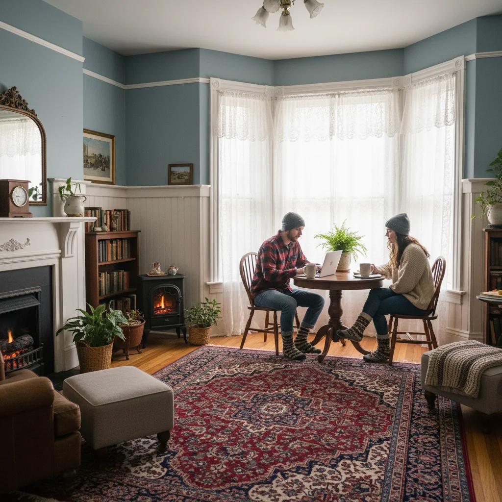 People working independently at separate tables with laptops in a shared workspace