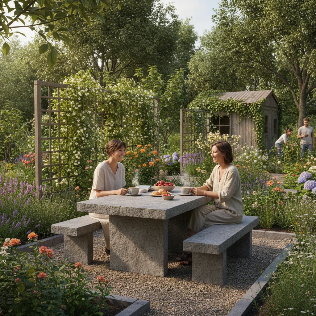 Two people connecting at outdoor garden table in natural setting