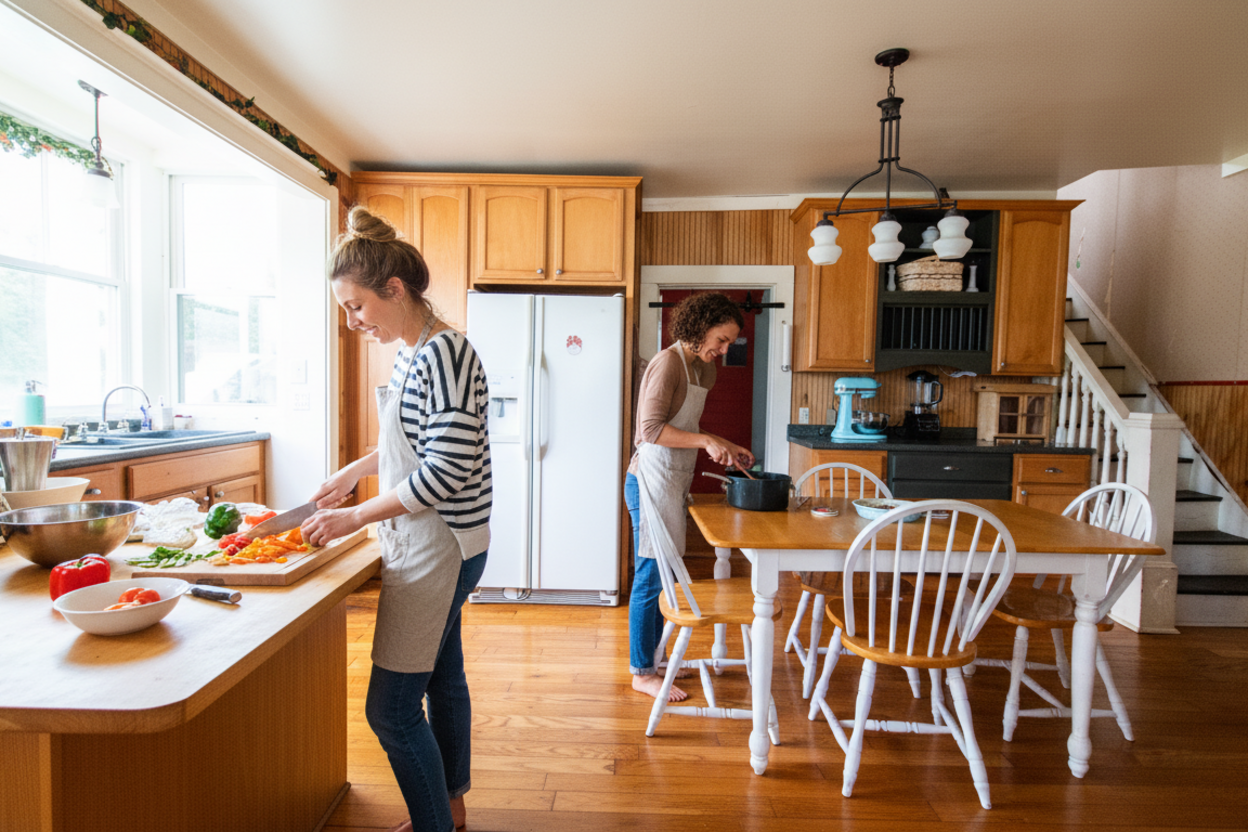 Person cooking at stove in cottage kitchen