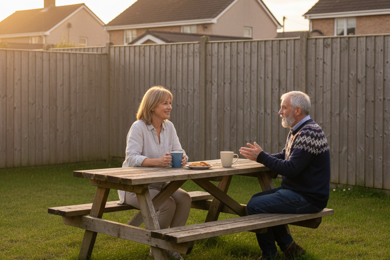 Two people chatting at picnic table in backyard garden