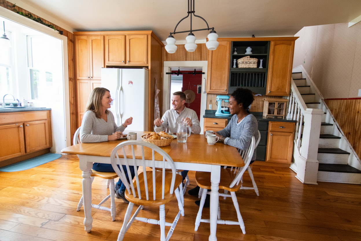 People gathered around farmhouse kitchen table