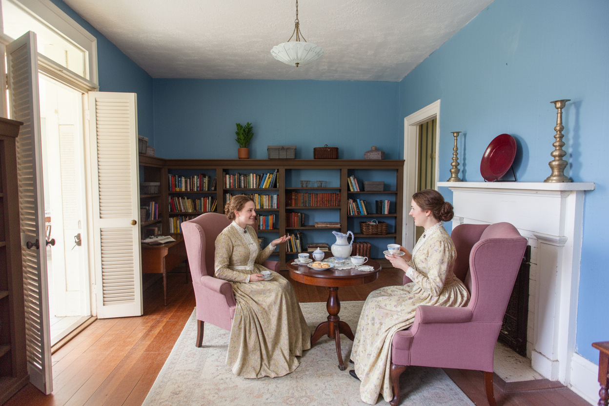 Person reading in wingback chair by bookshelves
