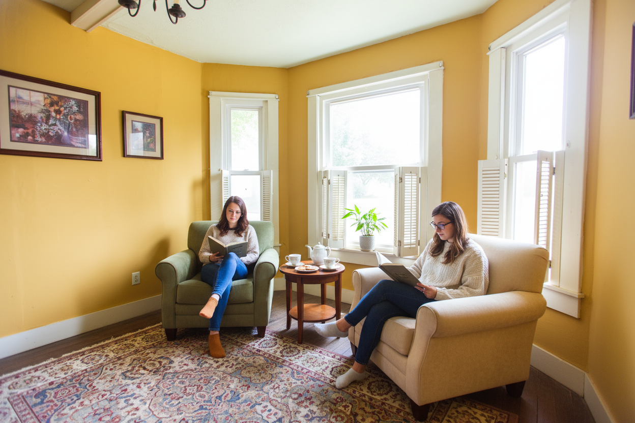 Person curled up reading in armchair near window