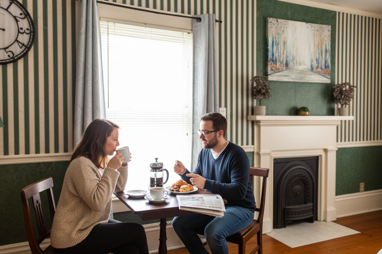 Person enjoying breakfast tray in Victorian cottage bedroom