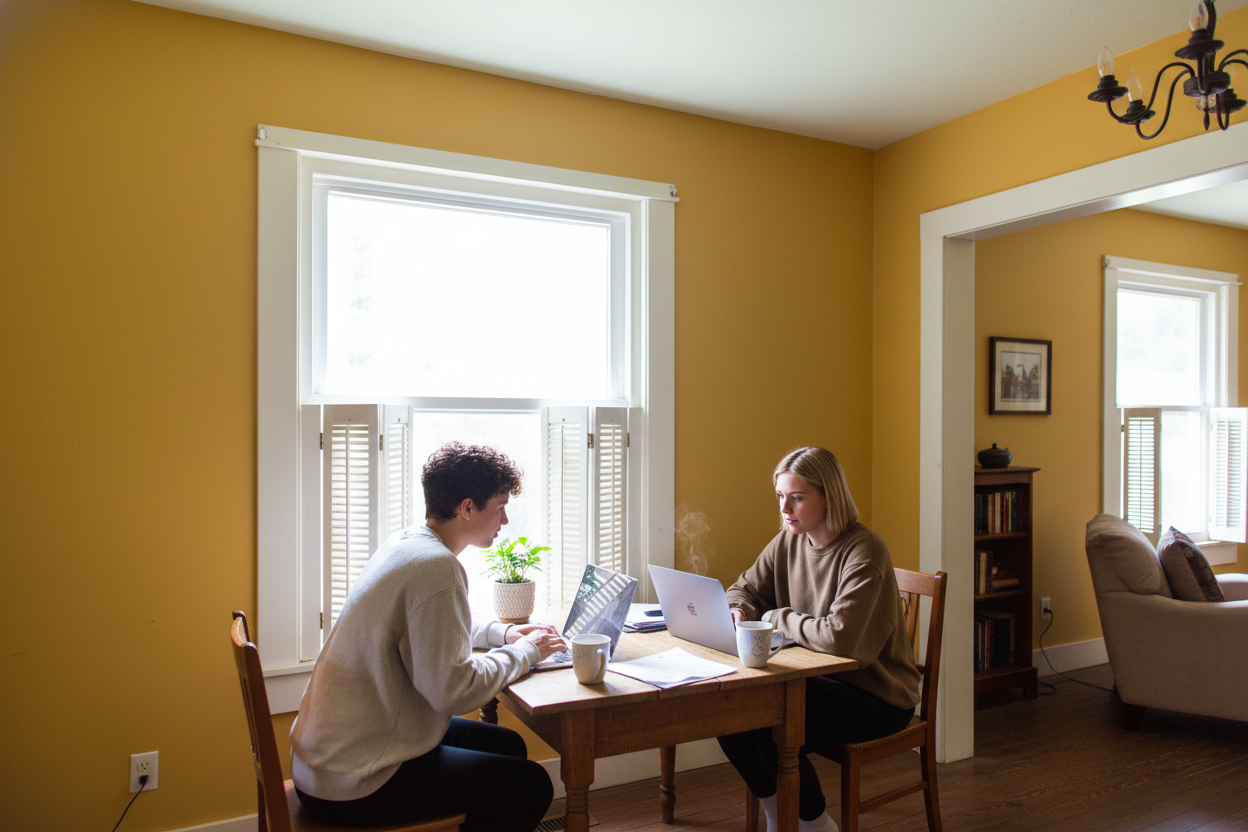 Person working on laptop at window desk in cozy cottage room