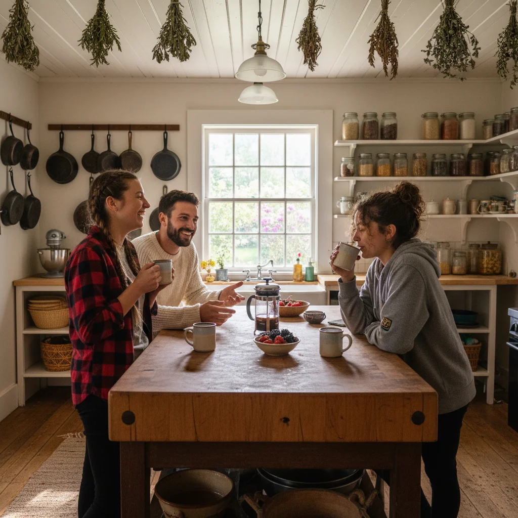 Casual coffee conversation at kitchen island