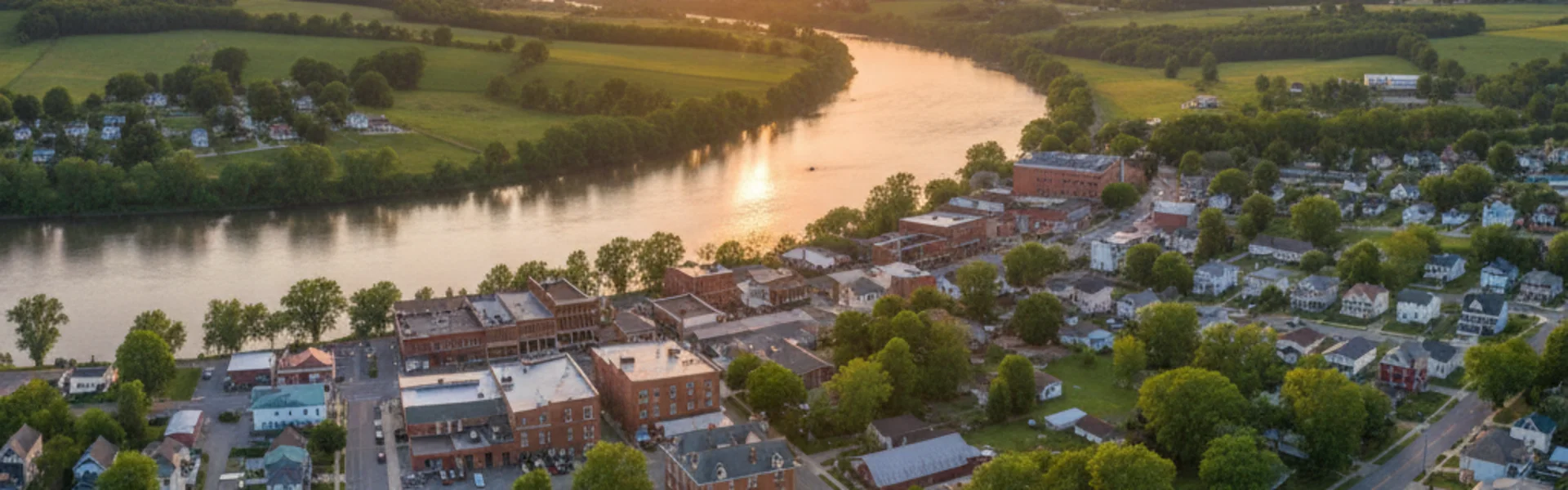 Aerial view of Ravenswood, West Virginia along the Ohio River at sunset