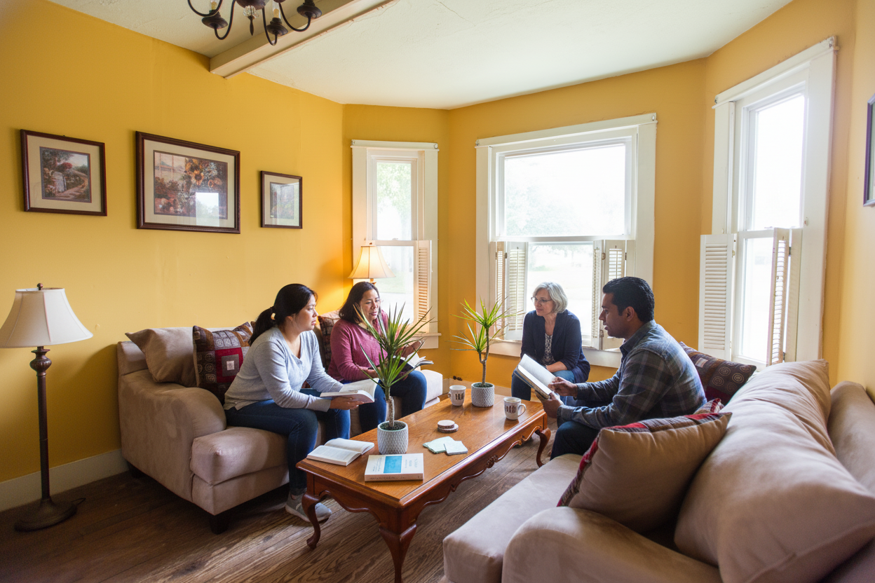 Book club discussion in cozy living room