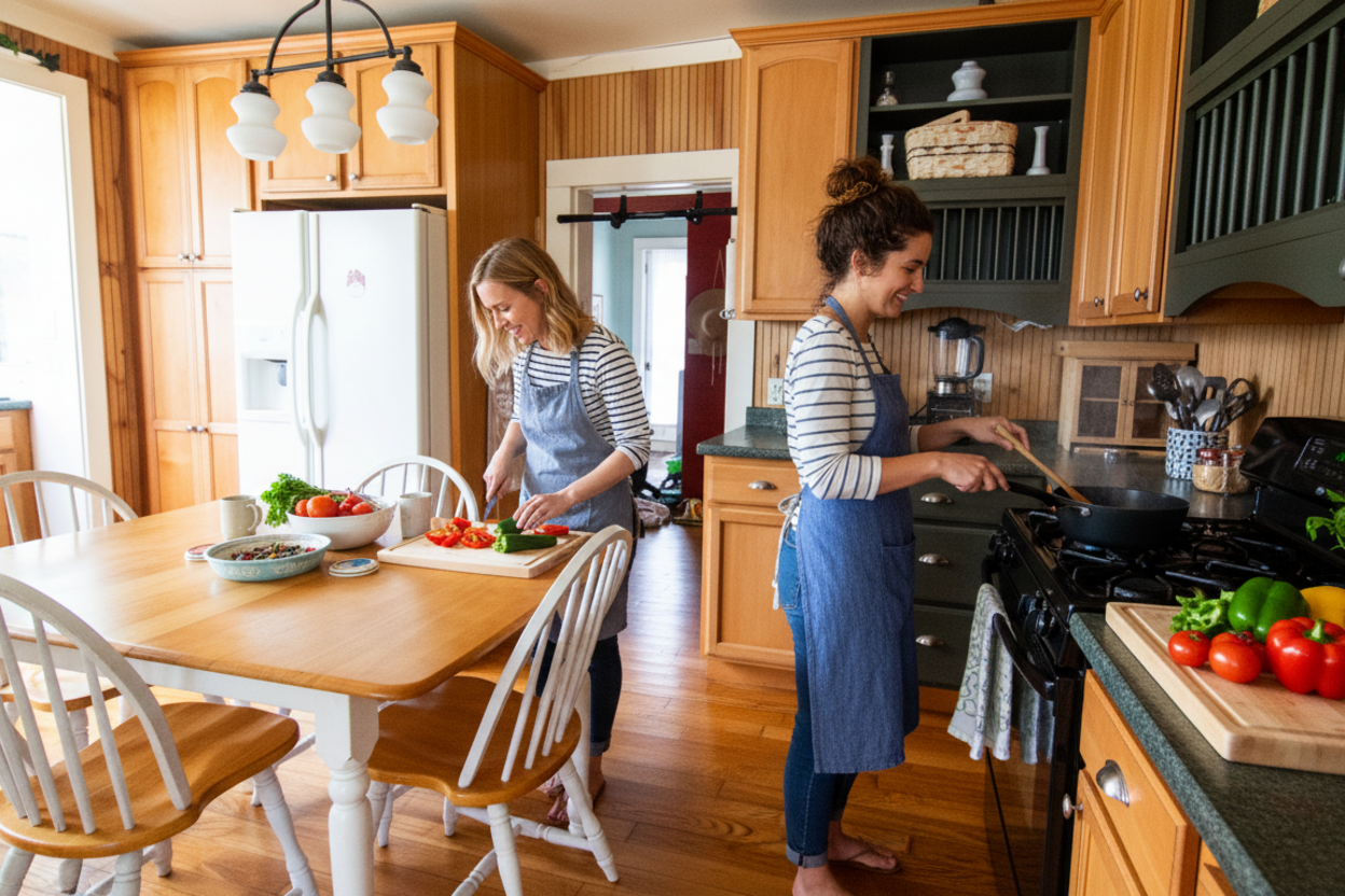 Two people cooking together in cottage kitchen