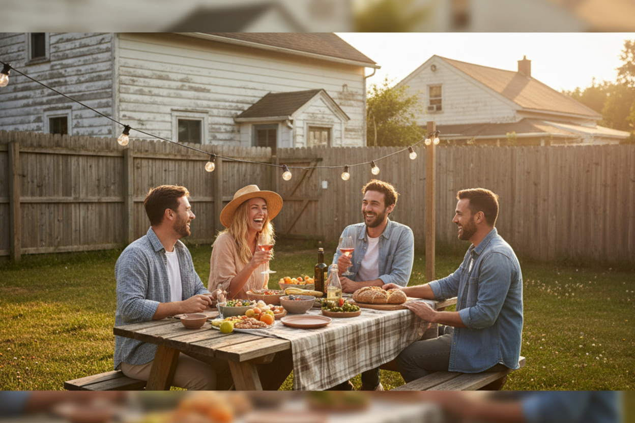 Group gathering in backyard garden