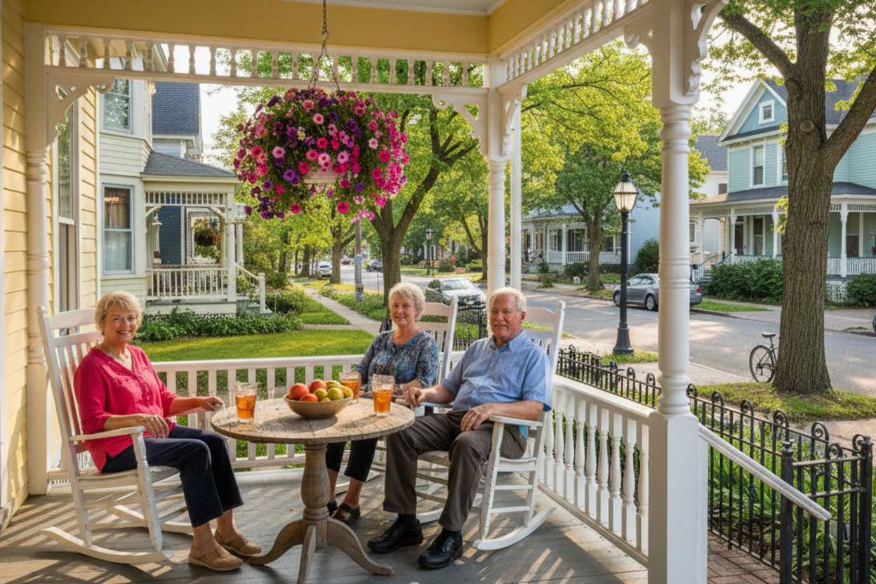 Friends gathered on cottage front porch