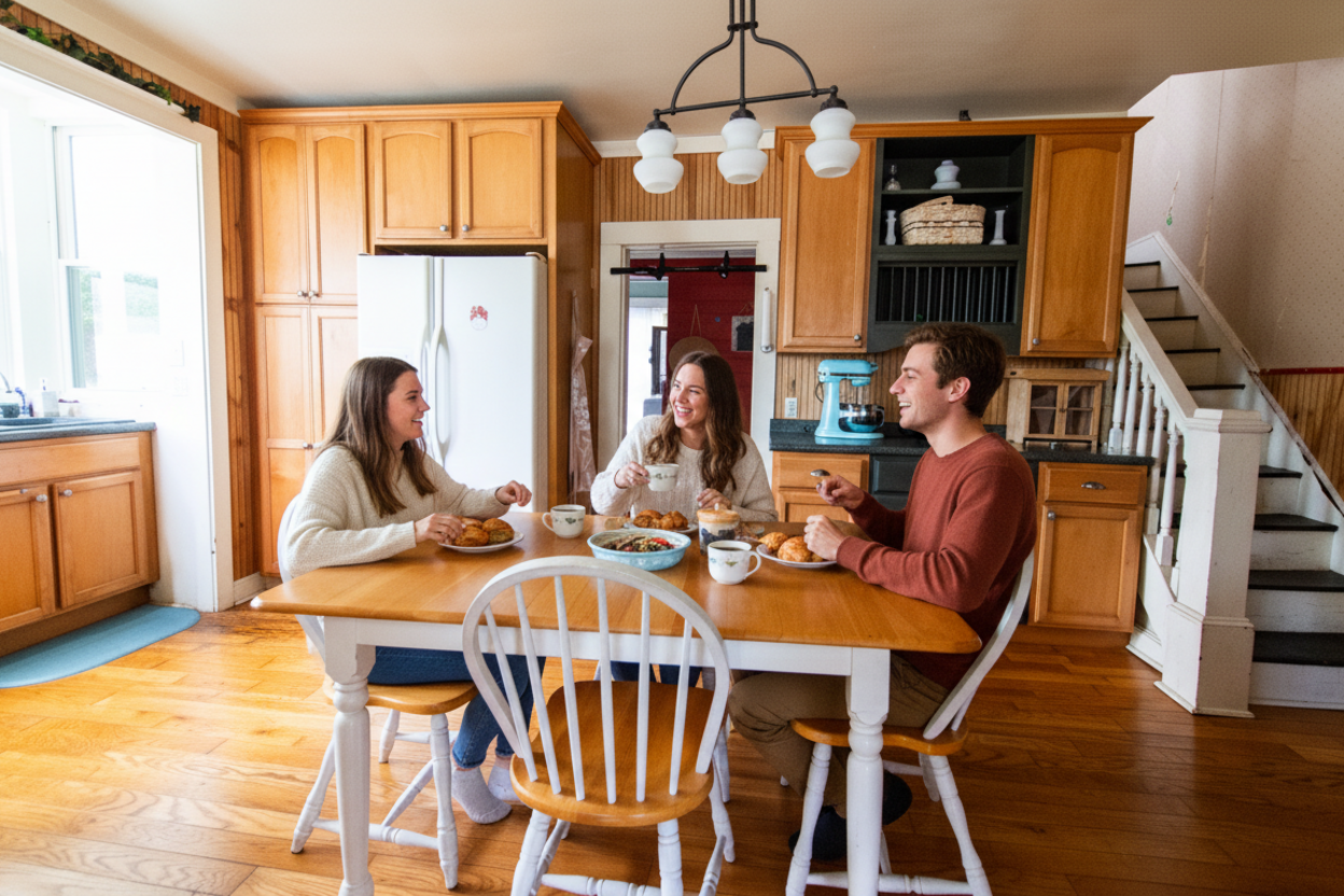 Friends sharing coffee and pastries at farmhouse table