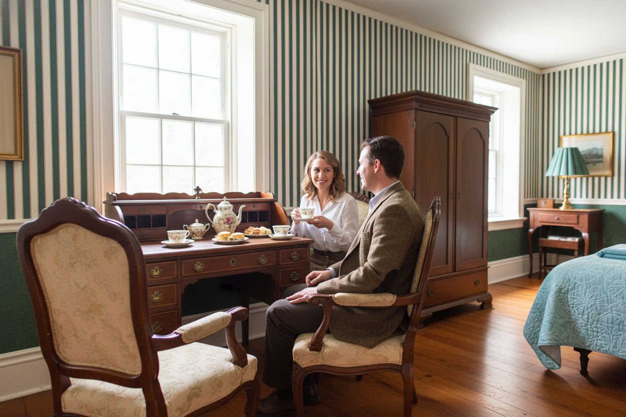 Two guests having tea at writing desk in cottage bedroom
