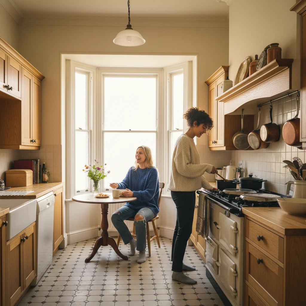 Residents cooking and dining in shared kitchen with casual comfort