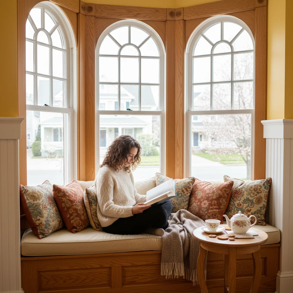 Student reading in cozy window seat nook with natural light