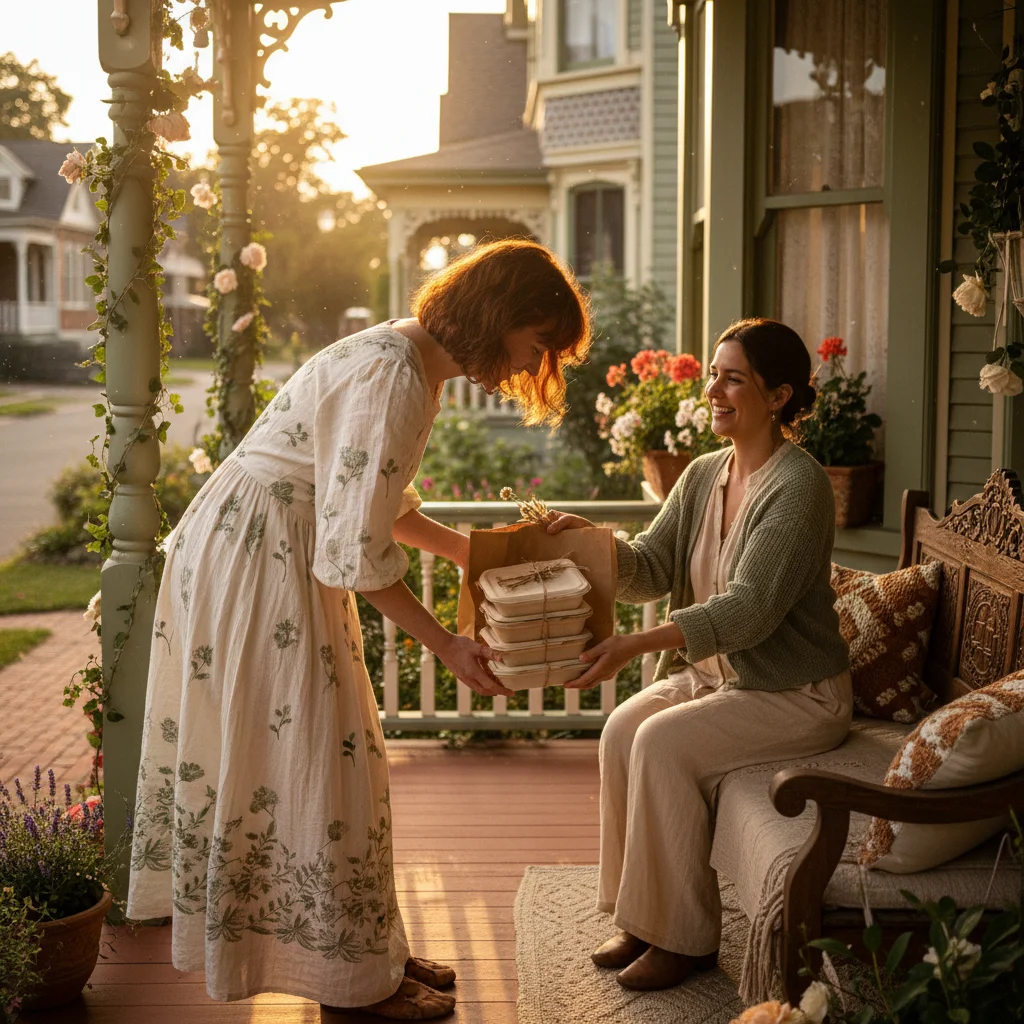Person picking up packaged meal from Victorian home porch