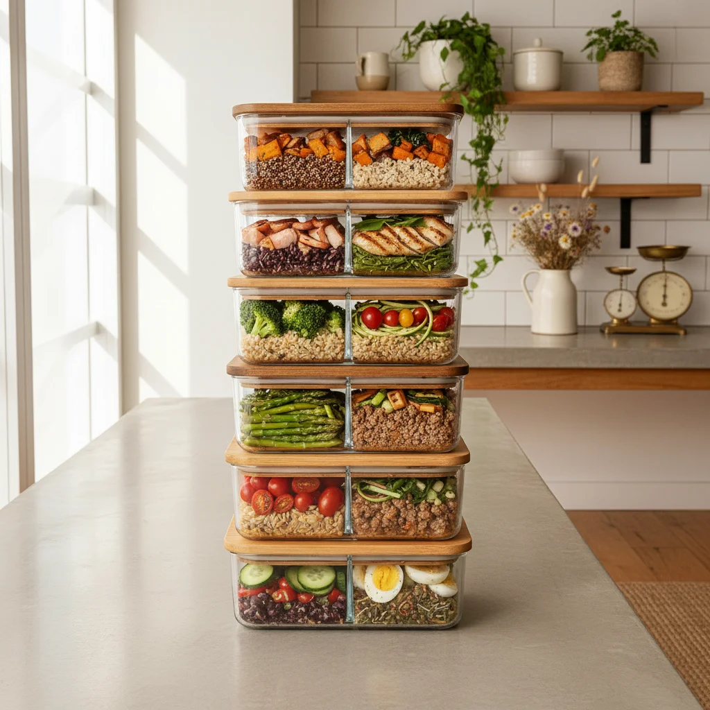 Neatly organized meal prep containers with healthy meals