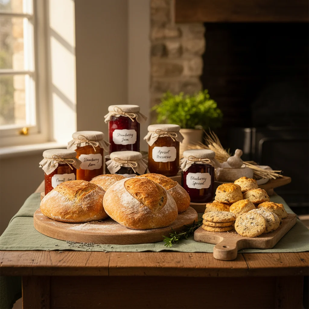 Artisan cottage food display with bread, jams and baked goods