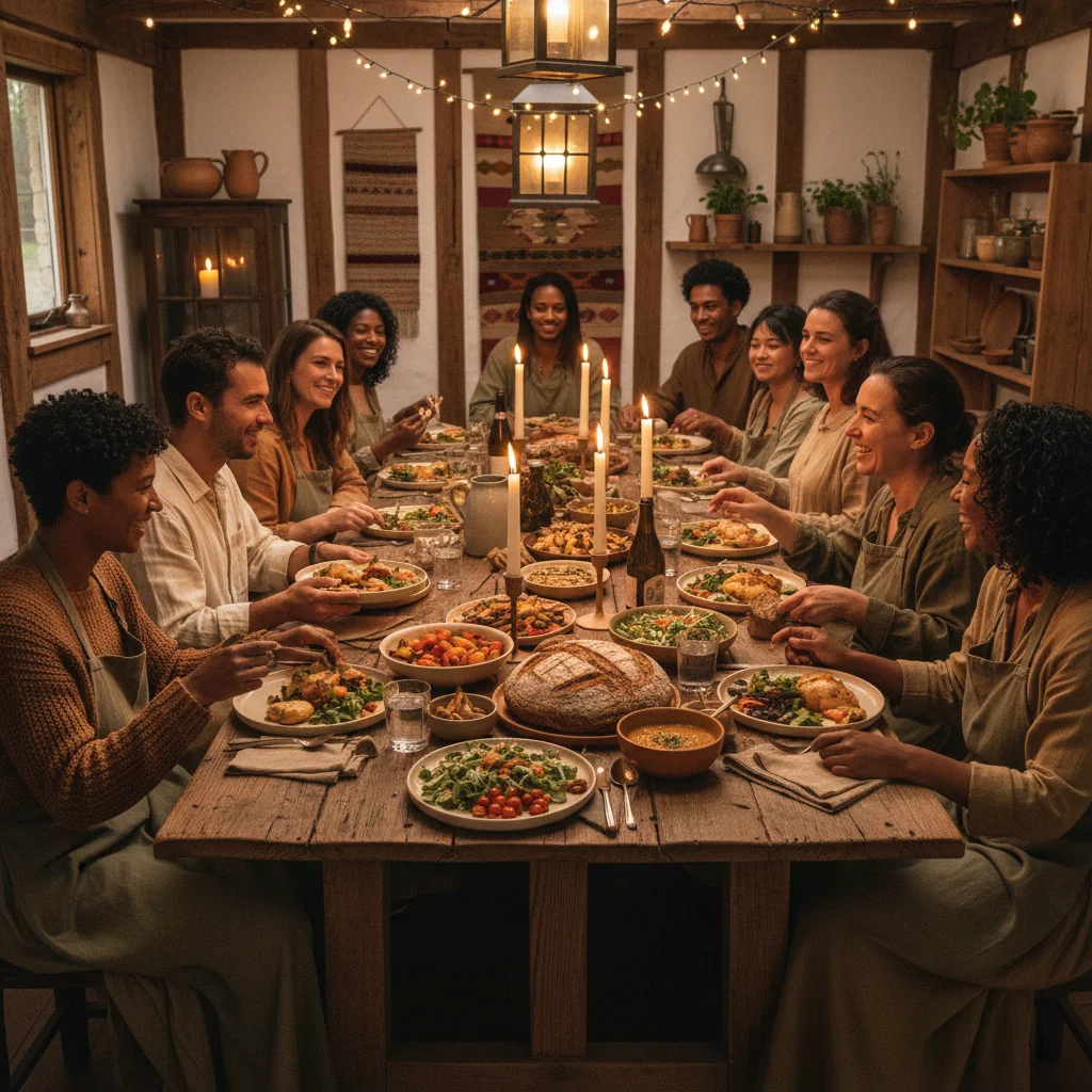 Community members sharing a meal together at farmhouse table