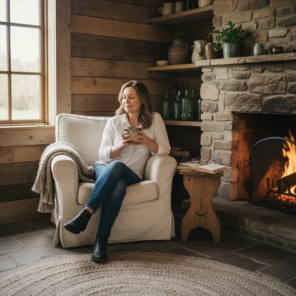 Sarah enjoying coffee by the fireplace
