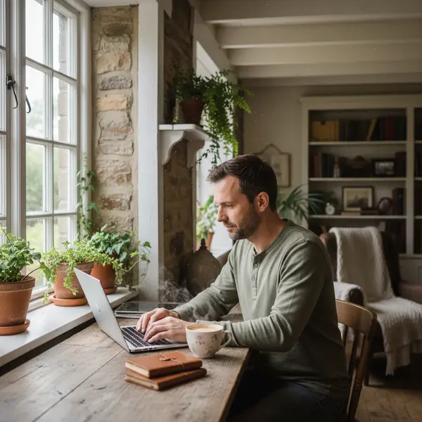 James working at laptop station