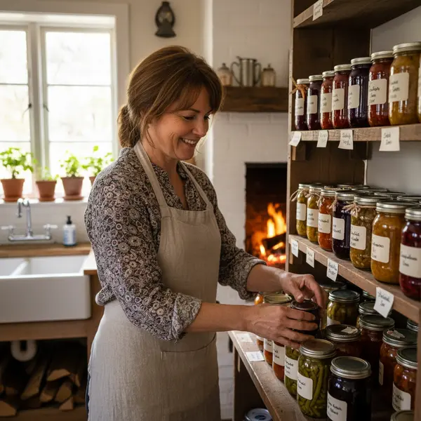 Linda with her homemade preserves